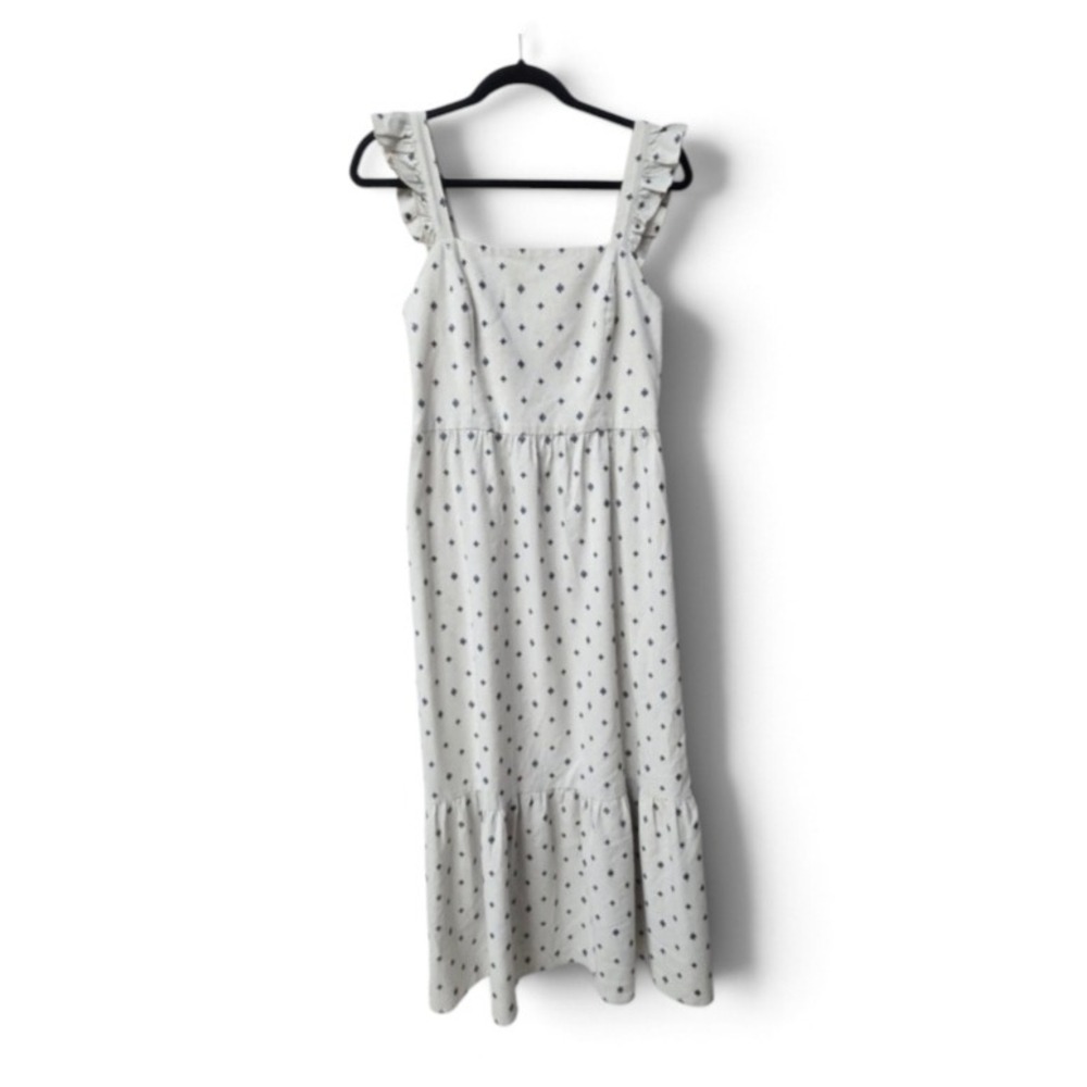 Jacobine Linen Blend Smocked Ruffle Midi Dress Cottagecore Coastal Prairie Chic